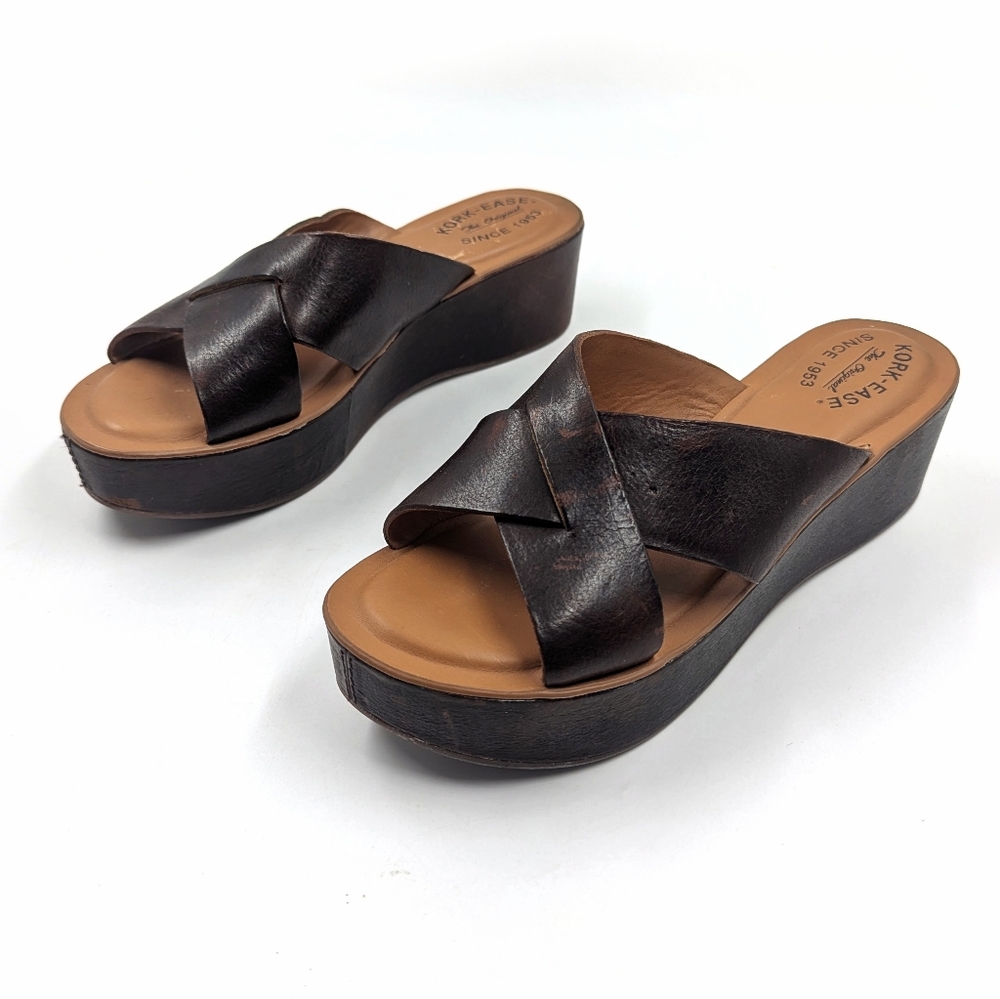Kork-Ease Dark Brown Leather Crossover Platform Wedge Sandals